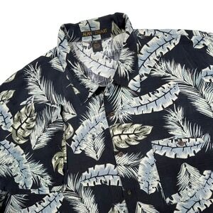Alan Stuart Silk Button Up Camp Shirt Mens XXL Black Blue Leaf Jacquard *Flaw